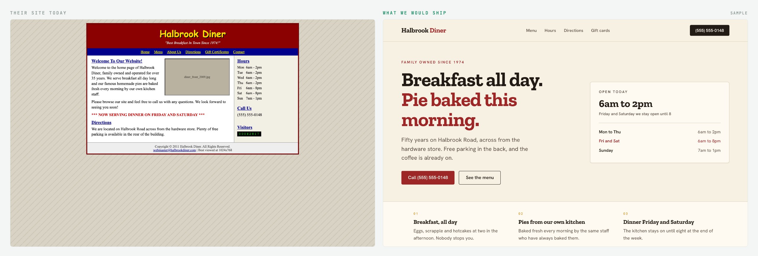 A dated diner website beside the rebuilt version of the same homepage